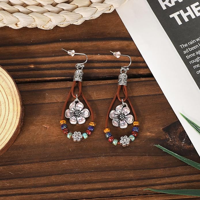 Multi-Layer Wood Bead Necklace with Flower Earrings, Boho Hippie Necklaces with Hollow Flower Pendant Bohemian Statement Gifts Jewelry for Men Women Western Country Music Concert