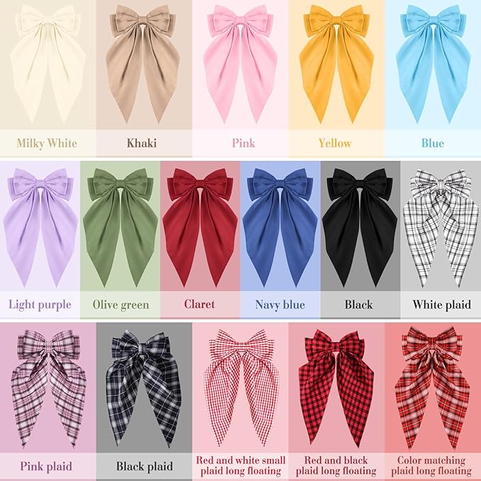 Hoteam 16 Pcs Silky Satin Hair Bows Bulk for Women Large Hair Ribbons Oversized Bows Oversized Long Tail Large Bow-knot Clips Accessories Gifts(Plaid)
