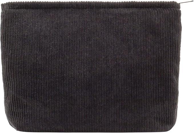 PAZIMIIK Makeup Bag Large Zipper Corduroy Make Up Pouch for Purse Travel Canvas Cosmetic Organizer for Women Brush Storage,Black