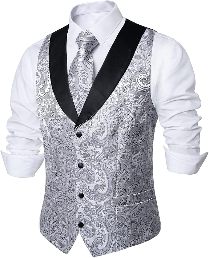 DiBanGu Mens Paisley Suit Vest Silk Jacquard Waistcoat and Necktie Set Formal Shawl Collar Dress Vest 7PCS for Wedding Party