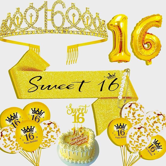16th Birthday Decorations for Her Girls Set, Include 16th Birthday Crown and 16 Sash, 16th Birthday Cake Topper and 16 Birthday Candles, Gold 16 Balloons, Women 16th Party Supplies(Gold)