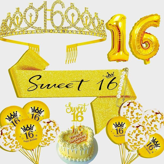 16th Birthday Decorations for Her Girls Set, Include 16th Birthday Crown and 16 Sash, 16th Birthday Cake Topper and 16 Birthday Candles, Gold 16 Balloons, Women 16th Party Supplies(Gold)