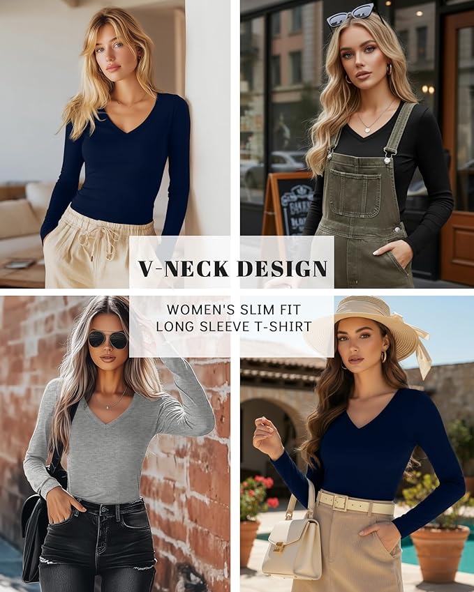 Ficerd 3 Pack Women's Long Sleeve Shirts, V Neck Basic Tees Slim Fitted Casual Fall Tops Going Out Blouses T Shirts