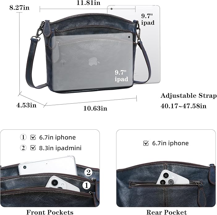 HESHE Crossbody Bags for Women Genuine Leather Purses with Multi-Pockets Vintage Ladies Small Shoulder Satchel Bag