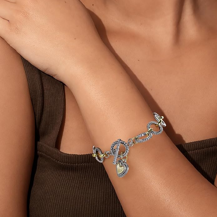Mytys Chunky Chain Link Bracelet Two-Tone Mixed Metal Textured Toggle Clasp Statement Bangle Bracelet Jewelry for Women Fashion
