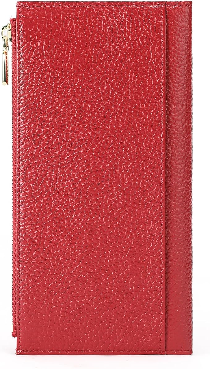 Slim Blue Wallet for Women, RFID Blocking Genuine Leather Bifold with Secure Zippered Coin Pocket (Red)