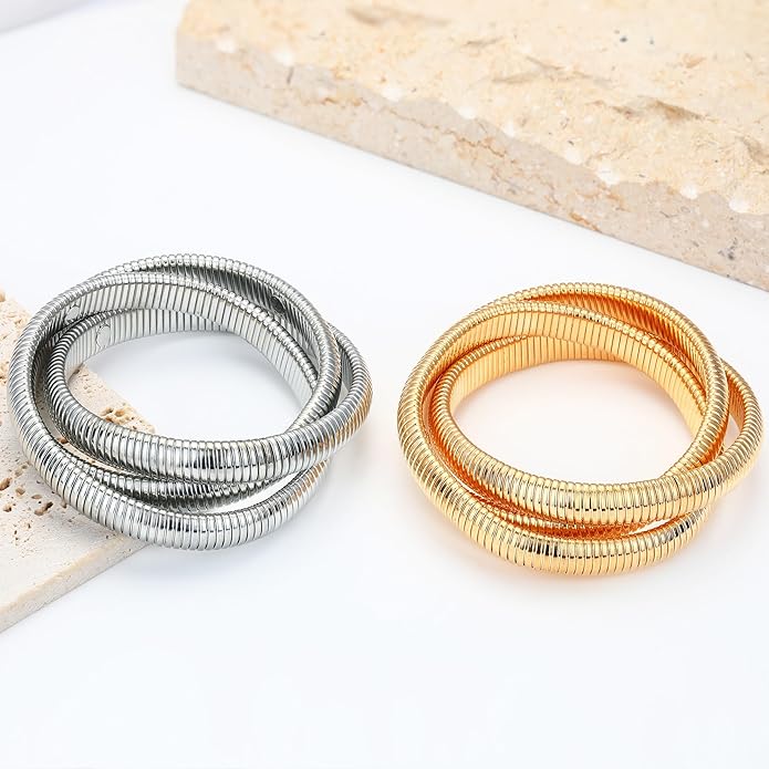 MISS RIGHT Gold Chunky Stretch Snake Chain Bangle Bracelets Stack for Women Trendy, 18K Gold Filled Stainless Steel Stretchy Womens Stackable Wristband Bangles Bracelet Set
