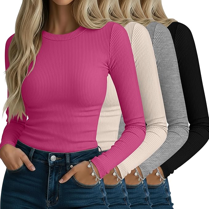 Neer 4 Pack Women's Ribbed Long Sleeve Shirts, Cotton Crew Neck Slim Fit Tops Stretch Knit Casual Base Layer Basic Tee Shirts