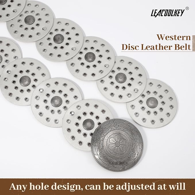 LEACOOLKEY Women's Boho Disc Belt Wide Western Leather Belt Vintage Concho Waist Belts for Dress Jeans