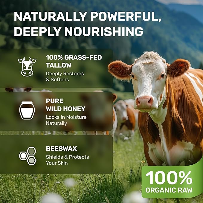 Beef Tallow for Skin – Grass Fed Face Moisturizer & Whipped Body Balm - Honey & Beeswax – Vitamin A, D, E, K Rich Cream – Fragrance Free & Non-Comedogenic Dry Sensetive Skincare - 4.3 oz