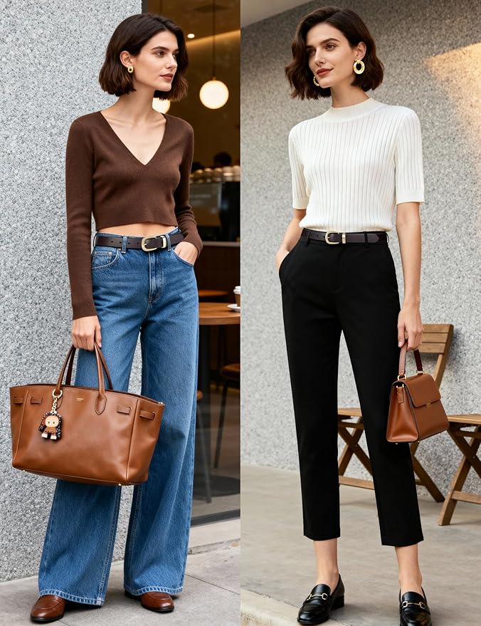 Womens Belts for Jeans 1.1" Width Ladies Belts for Dresses Full Grain Leather Gold Buckle Belt Gift Box