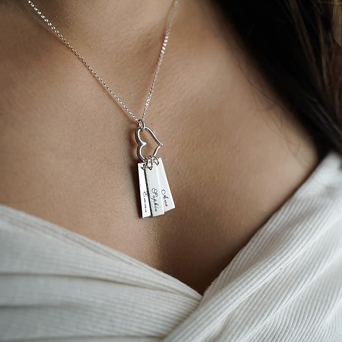 AJ's Collection Triple Bar Sterling Silver Personalized Necklace with Heart Charm. Includes 3 Customizable Charms and your Choice of Sterling Silver Chain. Gifts for Her, Mom, Wife