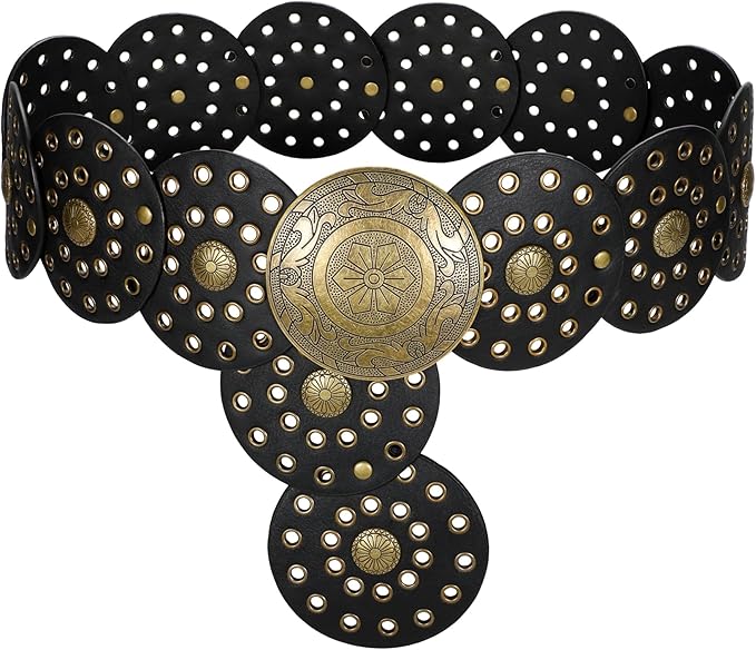 LEACOOLKEY Women's Boho Disc Belt Wide Western Leather Belt Vintage Concho Waist Belts for Dress Jeans