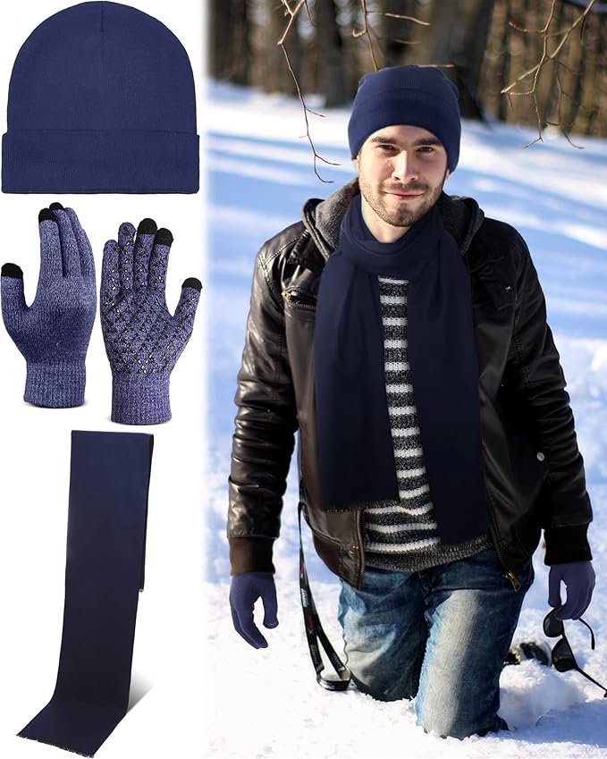 SATINIOR 6 Pcs Winter Knit Beanie Hat Scarf Touchscreen Gloves Set Warm Skull Cap Gifts for Men Women(Navy Blue, Wine Red)