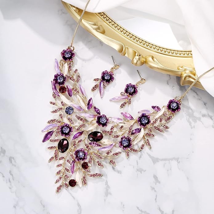 BriLove Wedding Bridal Leaf Cluster Jewelry Set for Women Crystal Flower Enamel Statement Necklace Dangle Earrings