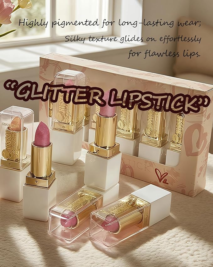 6 Pcs Glitter Lipstick Brown Nude Pink Purple Red Sets,Matte Shimmer Light to Dark Color for Women Long Lasting 24 Hours Lip Gloss, Sparkling Shiny Waterproof Lip Stick Christmas labiales Makeup Gift