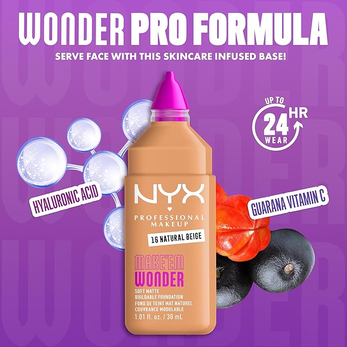 NYX PROFESSIONAL MAKEUP Make 'Em Wonder Liquid Foundation, 24HR Foundation Makeup With A Soft Matte Finish, Buildable Full Coverage - 16 Natural Beige