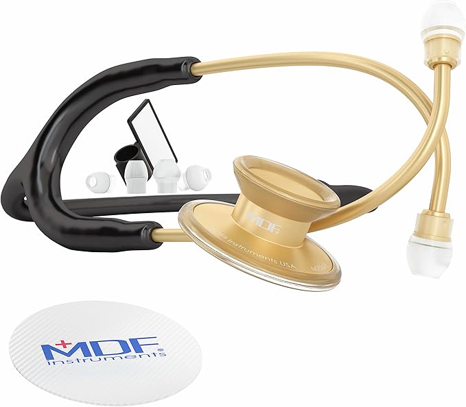MDF Instruments, Acoustica Lightweight Stethoscope for Doctors, Nurses, Students, Home Health Use, Adult, Dual Head, Black Tube, Gold Chestpiece-Headset, MDF747XPK11