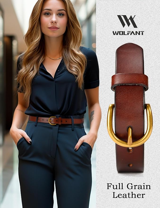 WOLFANT Womens Casual leather Jean Belt,1.1" Ladies Belt with Gold Buckle,100% Italian Full Grain Real Solid Leather