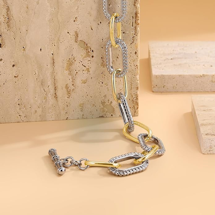 Mytys Link Bracelet for Women Gold and Silver 2 tone Circles Chain Wire Bangle Bracelets