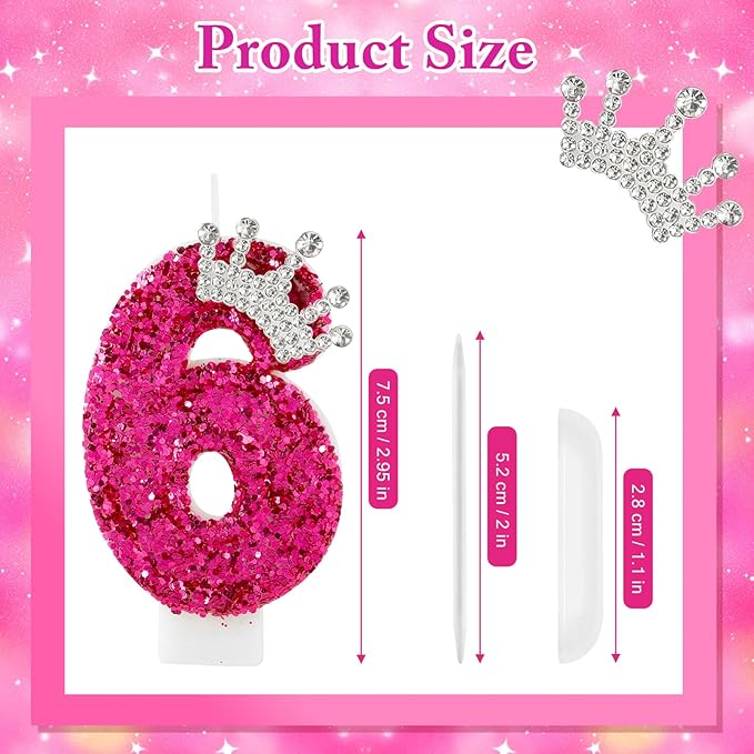 Hot Pink Birthday Candles Crown Number 6 Candle Birthday Party Decorations Cake Topper Cupcake Decor for Anniversary Celebrations Supplies