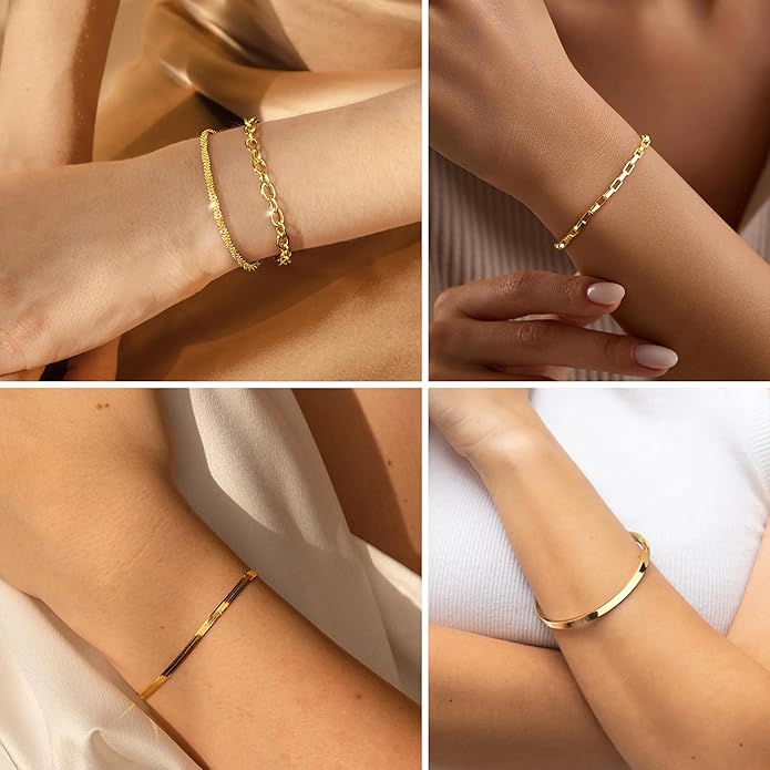 Dainty Thin Gold Bracelet for Women Stack, 14K Gold Plated Bracelet Stackable Set with Bangle Cuff, Box, Herringbone, Paperclip, Figaro, Sparkling Link Chains, Simple Waterproof Non Tarnish Minimalist Gifts for Women Trendy