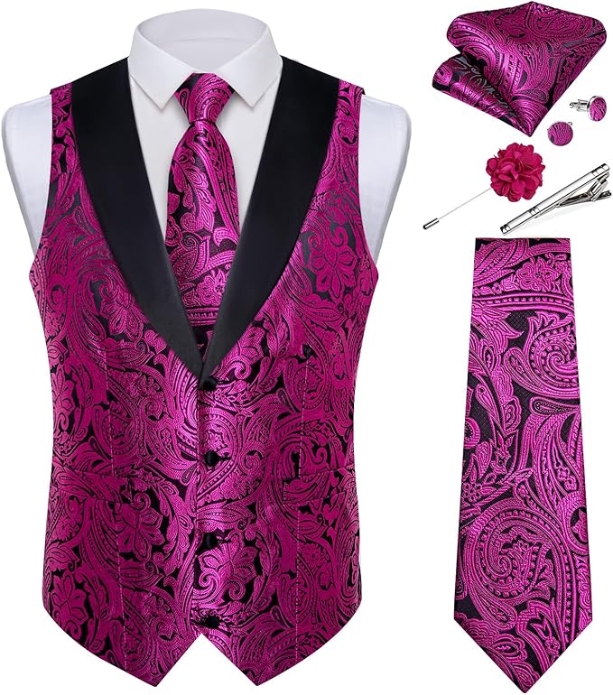 DiBanGu Mens Paisley Suit Vest Silk Jacquard Waistcoat and Necktie Set Formal Shawl Collar Dress Vest 7PCS for Wedding Party