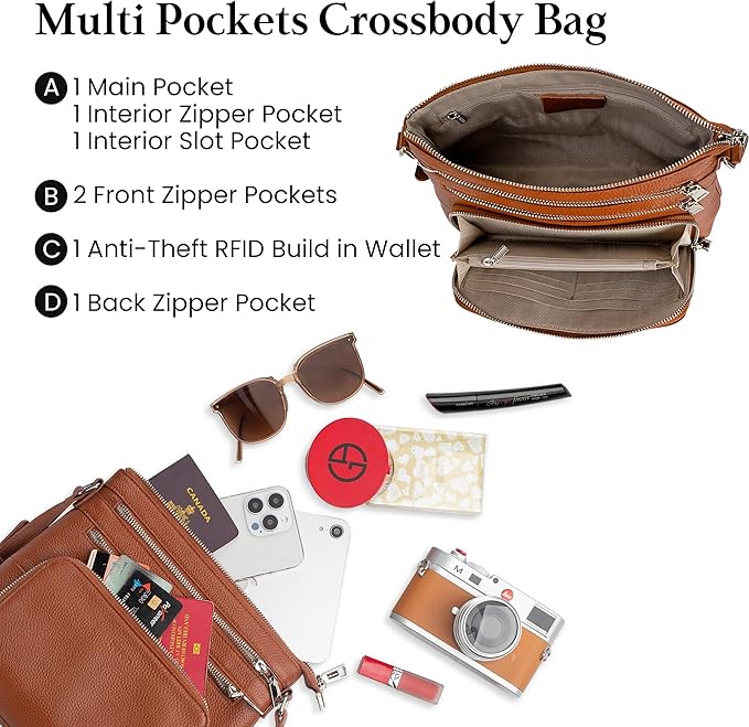 befen Genuine Leather Crossbody Bags for Women, Medium Anti-Theft Shoulder Purse with Built in RFID Wallet for Travel