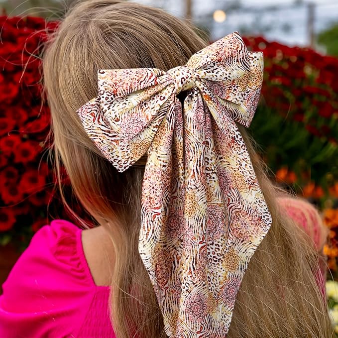 Hoteam 16 Pcs Silky Satin Hair Bows Bulk for Women Large Hair Ribbons Oversized Bows Oversized Long Tail Large Bow-knot Clips Accessories Gifts(Leopard)