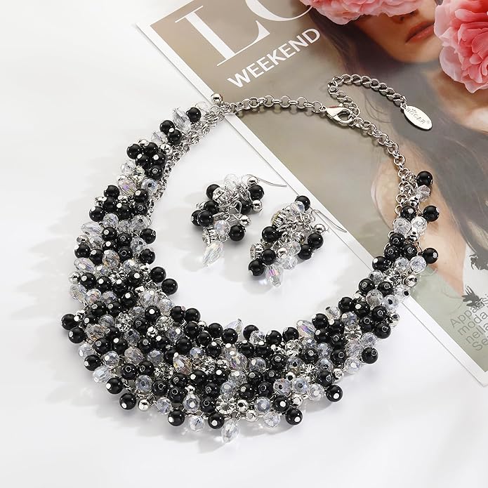 Bocar Fashion Crystal Chunky Collar Statement Necklace Earring Set for Women Gift (NK-10260)