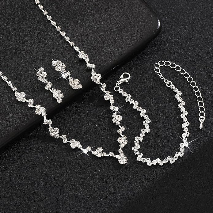 Wedding Jewelry Sets for Brides Silver Rhinestone Necklaces Earring Bracelet Set Wedding Sets for Women Prom Jewelry Sets for Women