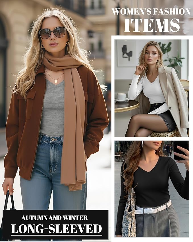 Ficerd 3 Pack Women's Long Sleeve Shirts, V Neck Basic Tees Slim Fitted Casual Fall Tops Going Out Blouses T Shirts