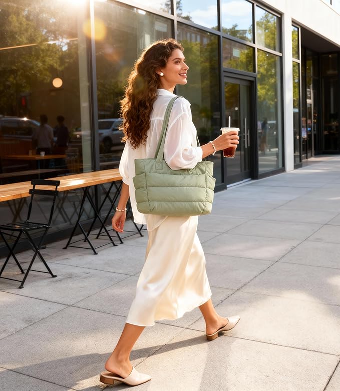Puffer Tote Bag for Women, Cute Quilted Carryall with Zippered Compartments Shoulder Bag Handbag for Work, Travel, Gym