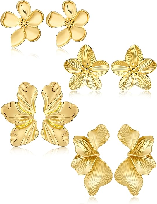 Gold Flower Statement Earrings for Women, 14K Gold Plated Large Irregular Leaf Floral, Big Chunky Dangle Earrings Set