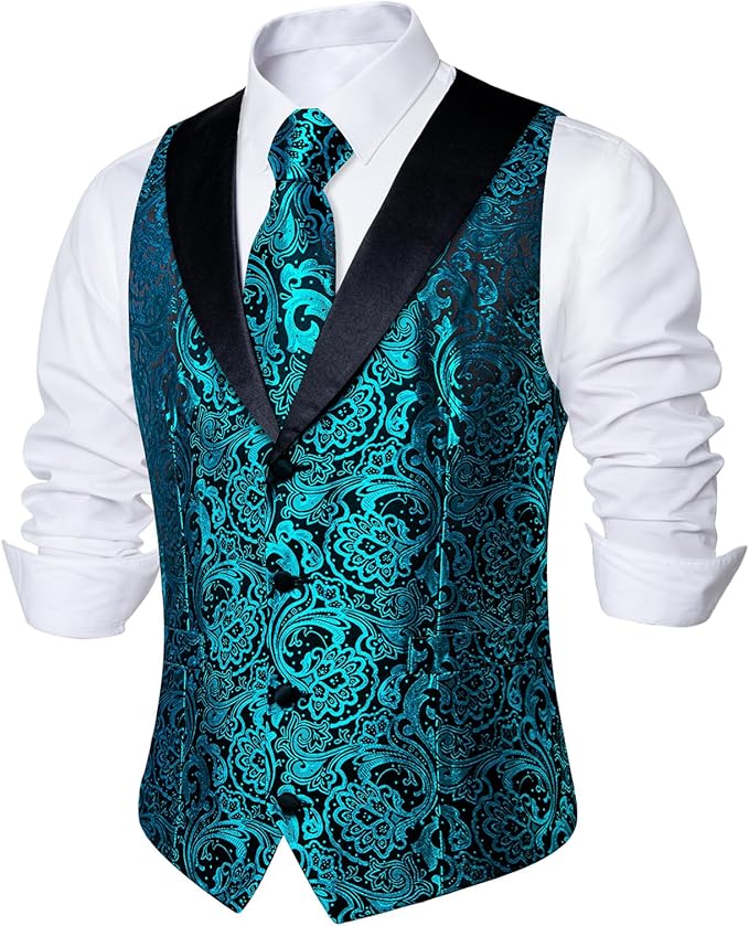 DiBanGu Mens Paisley Suit Vest Silk Jacquard Waistcoat and Necktie Set Formal Shawl Collar Dress Vest 7PCS for Wedding Party