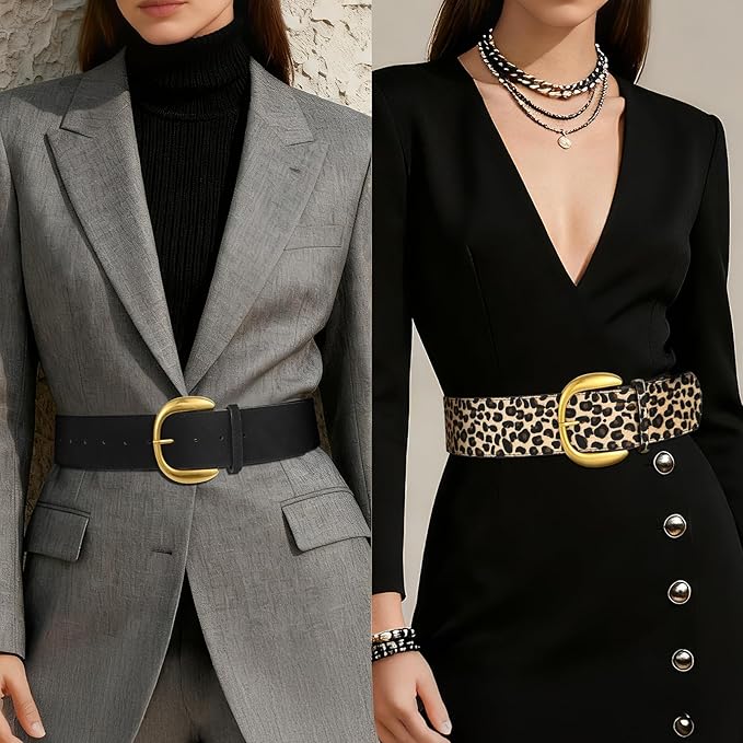 SANSTHS Women Wide Suede Belt for Dresses Jeans Fashion Thick Leather Waist Belts Ladies Chunky Belts