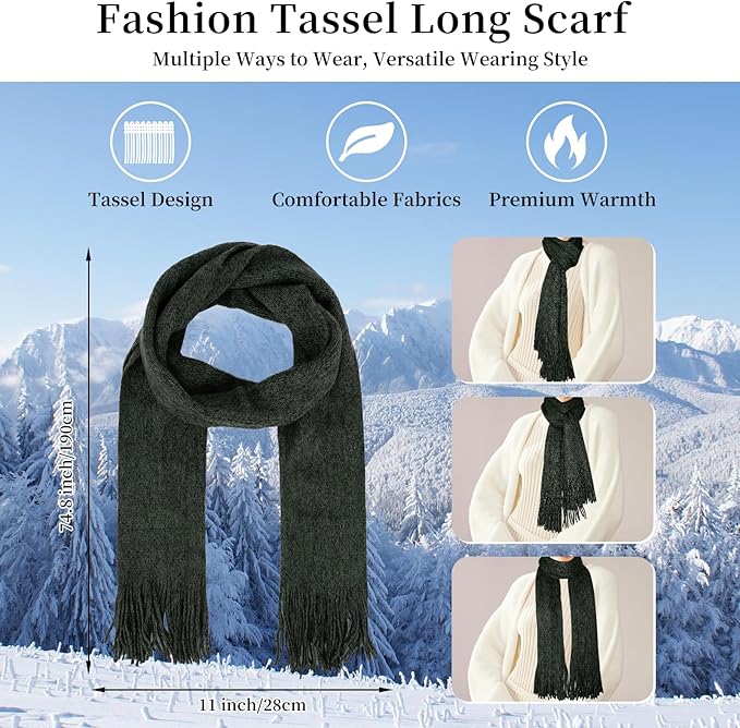 Winter Warm Beanie Hat Touchscreen Gloves Long Scarf Set for Women with Headband, Knit Cap Scarves with Tassel for Women