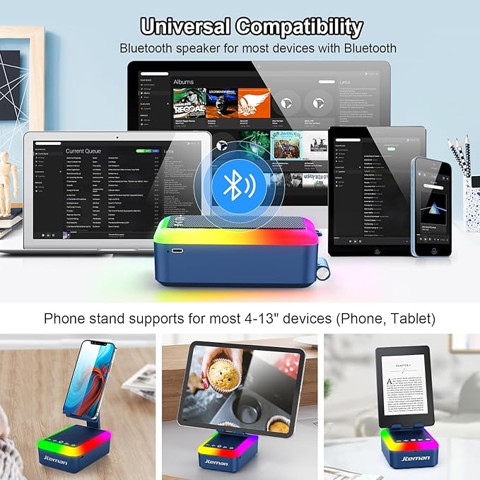 JTEMAN Gifts for Men Women Cell Phone Stand with Bluetooth Speaker and Light, Portable Lanyard, Cool Tech Gifts for Dad Mom Husband, Unique Birthday Gift Ideas Blue