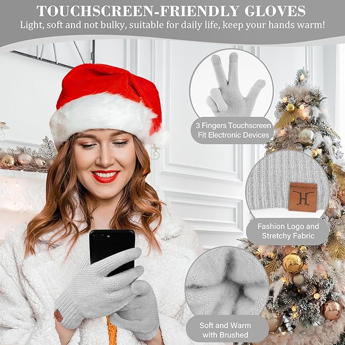 Womens Winter Beanie Hats Scarf Touchscreen Gloves Set Chenille Knit Fleece Lined Beanies Pompom Hat Scarves
