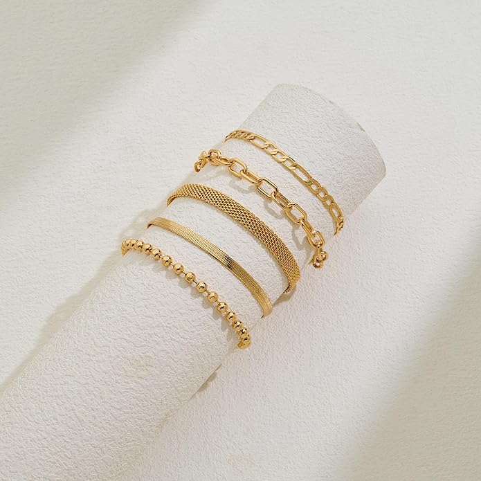Gold Chain Bracelet Set for Women 14K Gold Plated Bracelets Multi-Layer Stackable Bracelet Dainty Cuban Paperclip Chain Bracelets Pack Jewelry