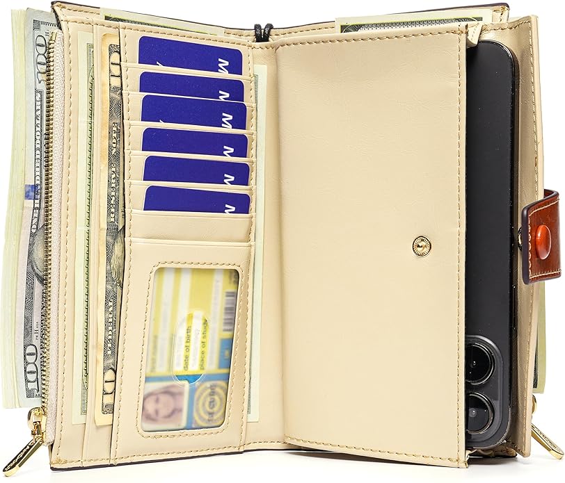 ANDOILT Wallet Women RFID Blocking Genuine Leather Bifold Multi Card Organizer Wristlet Purse Cell Phone Handbag