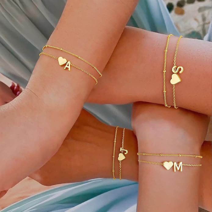 M MOOHAM Valentines Day Gifts for Kids Teen Girls -14K-Gold-Plated Heart Initial A-Z Bracelets for Women Girl Dainty Gold Bracelets Birthday Valentines Gifts for Women Her Teenage Girls Kid Teen Gift