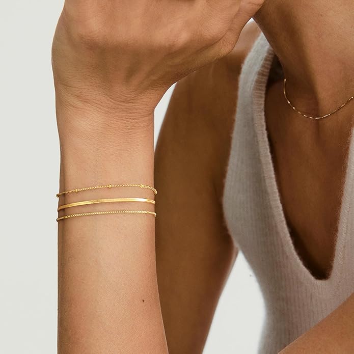 Dainty Thin Gold Bracelet for Women Stack, 14K Gold Plated Bracelet Stackable Set with Bangle Cuff, Box, Herringbone, Paperclip, Figaro, Sparkling Link Chains, Simple Waterproof Non Tarnish Minimalist Gifts for Women Trendy