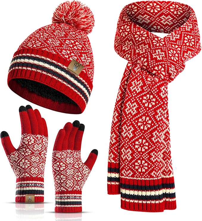 Womens Winter Beanie Hat Long Scarf and Touchscreen Gloves 3Pieces Fleece Lined Skull Caps with Pompom Neck Scarves Set
