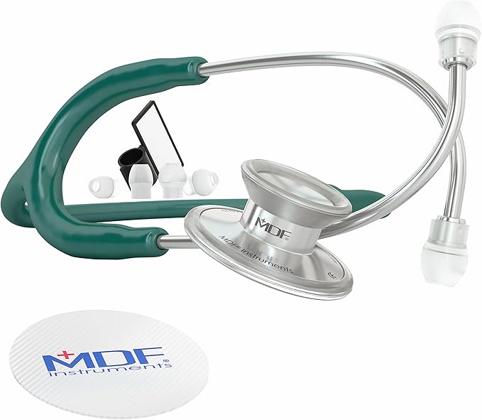MDF Instruments, Acoustica Lightweight Stethoscope for Doctors, Nurses, Students, Home Health Use, Adult, Dual Head, Dark Green Tube, Silver Chestpiece-Headset, MDF747XP09