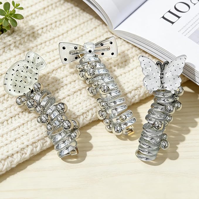 3PC Pearl Butterfly Telephone Wire Hair Ties – Spiral Elastic Bubble Ponytail Hair Bands for Women & Girls, No Damage, Soft & Stretchy Hair Accessories for High Ponytails and Braids(set-E)
