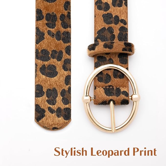 Women’s Leopard Print Leather Belts for Women, Cheetah Print Belt with Gold Buckle, Width 1.46"