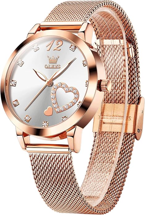 OLEVS Women's Small Wrist Rose Gold Tone Watch - Cute Diamond Heart Arabic Numerals Dial, Fashion Waterproof Mesh Bracelet Analog Dress for Ladies