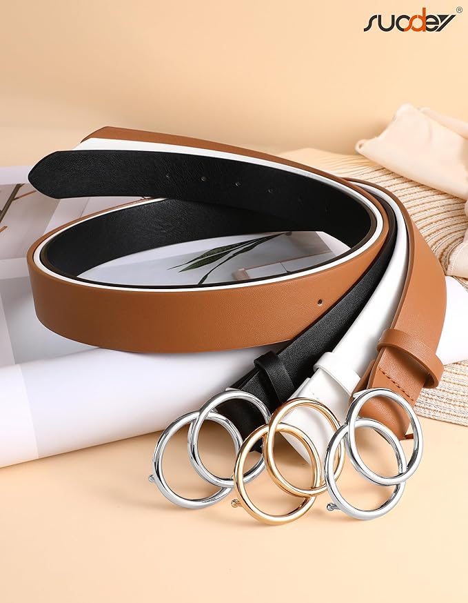 SUOSDEY Women Leather Belt Fashion Double O-Ring Soft Faux Leather Waist Belts For Jeans Dress