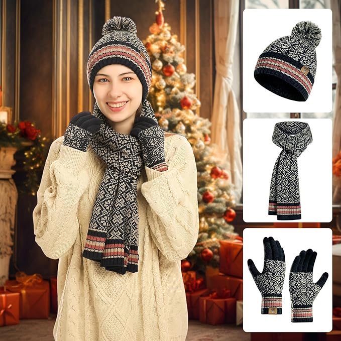 Womens Winter Beanie Hat Long Scarf and Touchscreen Gloves 3Pieces Fleece Lined Skull Caps with Pompom Neck Scarves Set